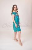 Mexican Floral Embroidered Off the Shoulder Dress Evelia Teal - Cielito Lindo