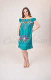 Mexican Floral Embroidered Off the Shoulder Dress Evelia Teal - Cielito Lindo