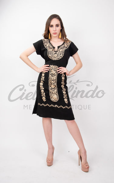 Dress Mexican Embroidered Mini Dress Black and Rose Gold