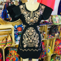 Mexican Kimono Mini Dress Black and Gold - Cielito Lindo