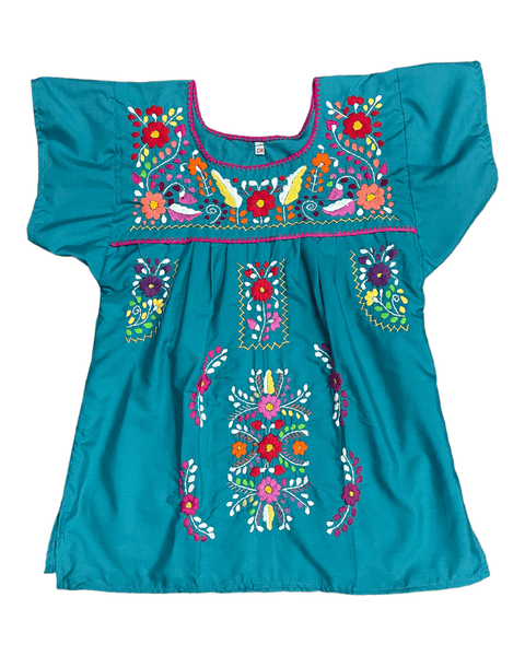 Mexican Tehuacan Full Embroidered Blouse Teal