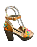 Cloe Leather Floral Embroidered Heels Camel