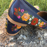 Navy Leather Flats Handpainted - Cielito Lindo