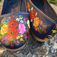 Navy Leather Flats Handpainted - Cielito Lindo