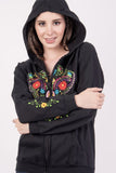 Winter Mexican Handmade Floral Embroidered Zippered Hoodie Black